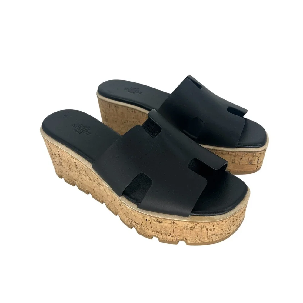 Hermès Eze 30 Cork Platform H Slide Sandals Black Leather Size 40